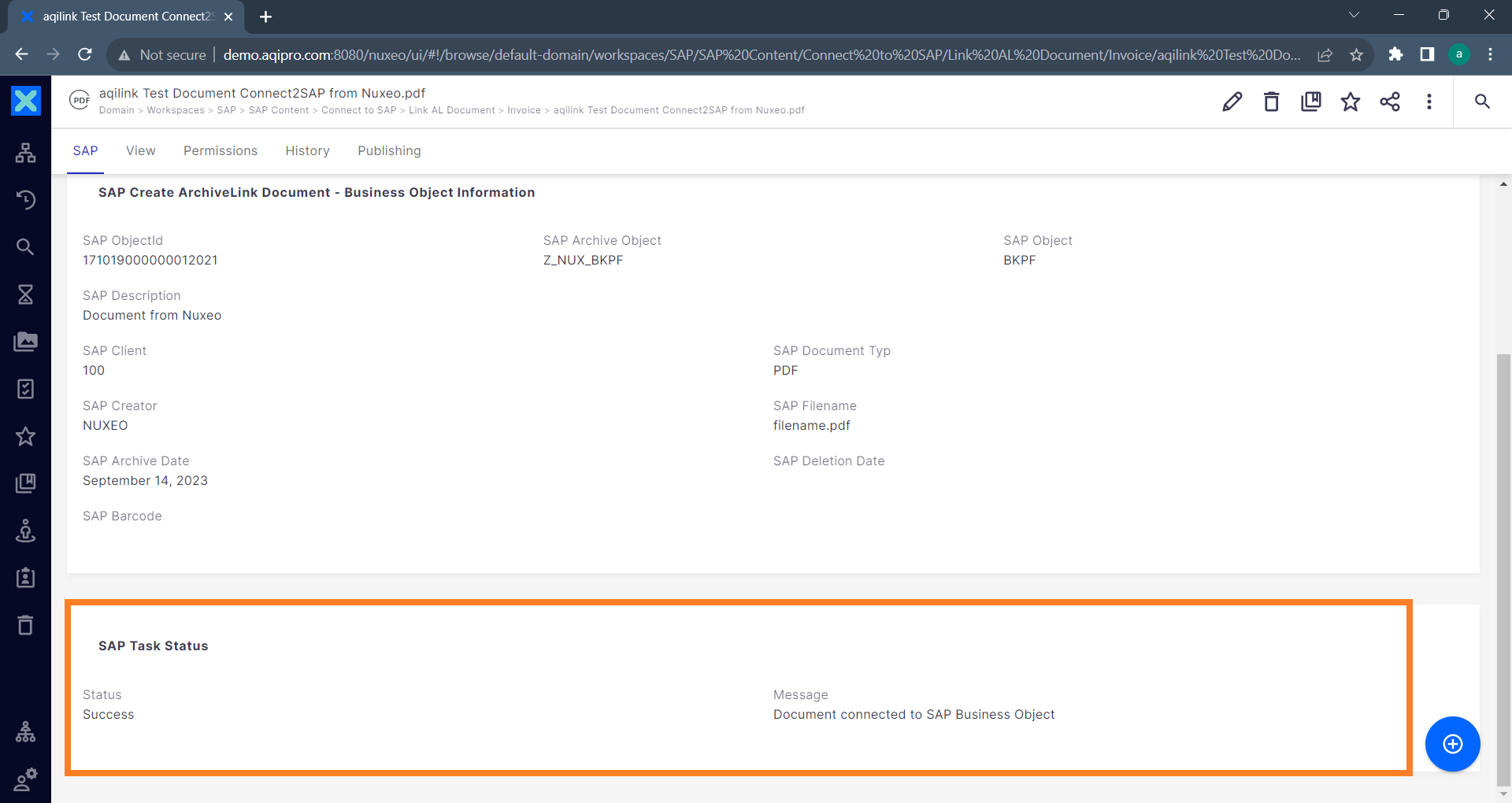 SAP Task Status Connect2SAP